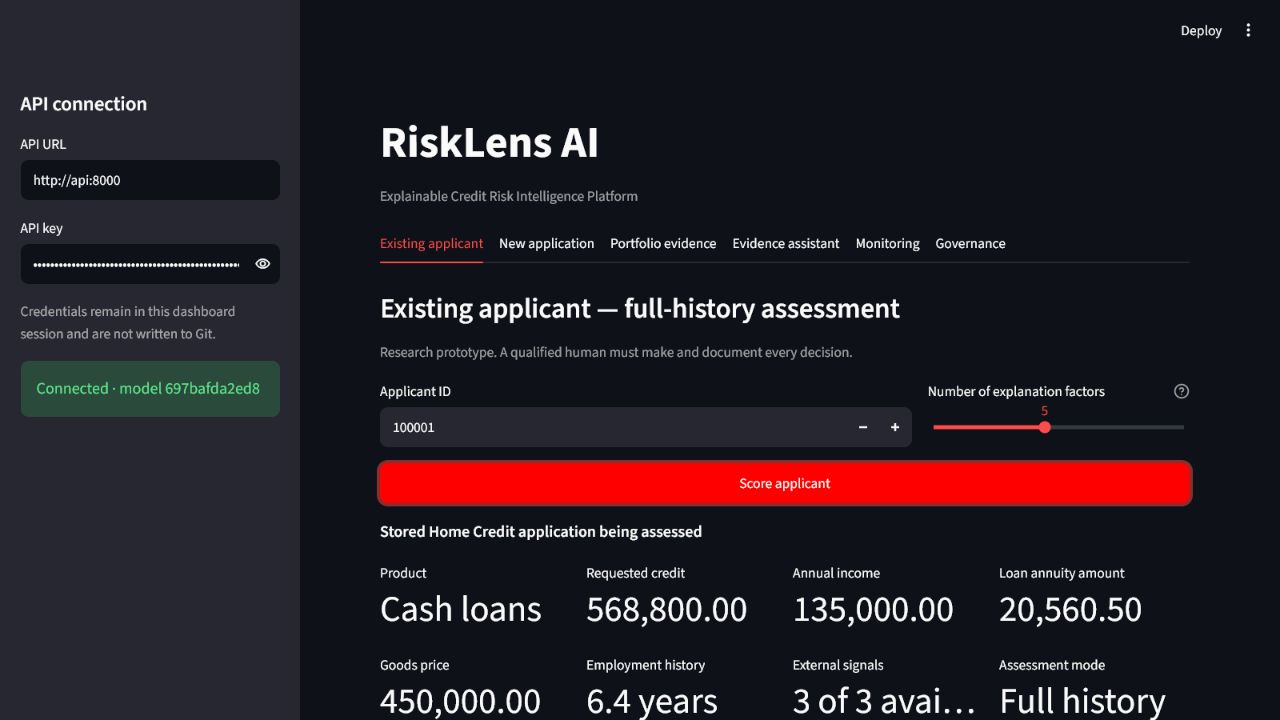 RiskLens existing applicant assessment dashboard